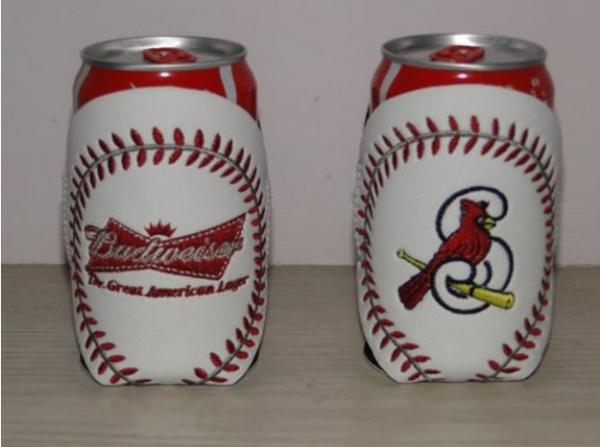 Promotional leather beer can holder with neoprene lining, logo pattern made by